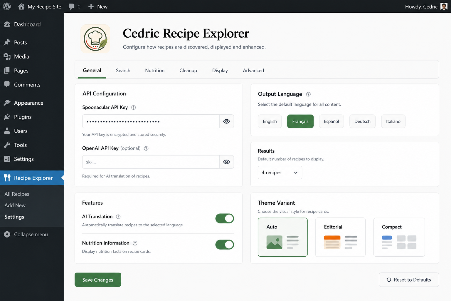 Interface d'administration du plugin Cedric Recipe Explorer